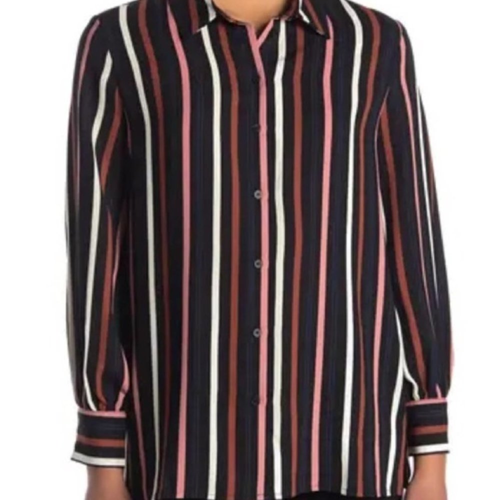 Halogen Womens Button Up Blouse Black Muticolor Stripe Long Sleeve Size Medium